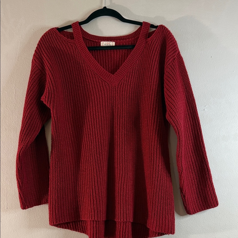 Lida Collection Red V-Neck High-Low Ribbed Knit Sweater - Size M - Picture 2 of 7
